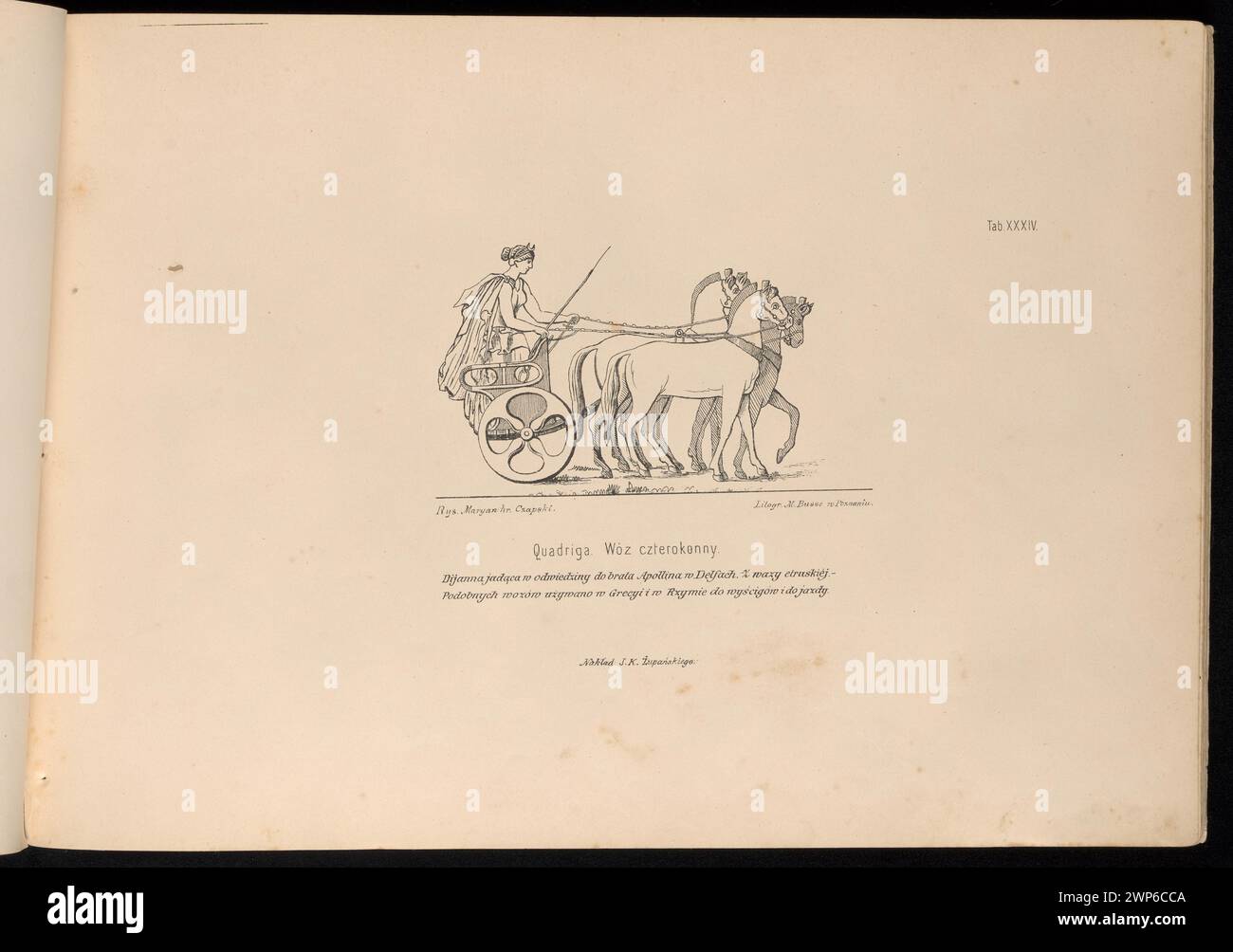 Un'illustrazione litografica del 1876 che mostra una quadriga, una carrozza a quattro cavalli, prodotta a Poznań da Michał Busse e collaboratori. Foto Stock