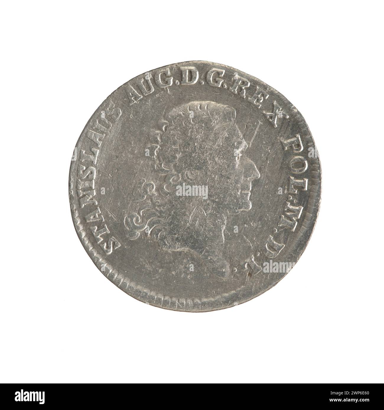 Moneta raffigurante l'incoronazione di re Stanisław August Poniatowski (1764-1795), coniata nel 1769 da Justin Schröder, maestro della zecca di Varsavia, che mostra ritratti e iscrizioni. Foto Stock