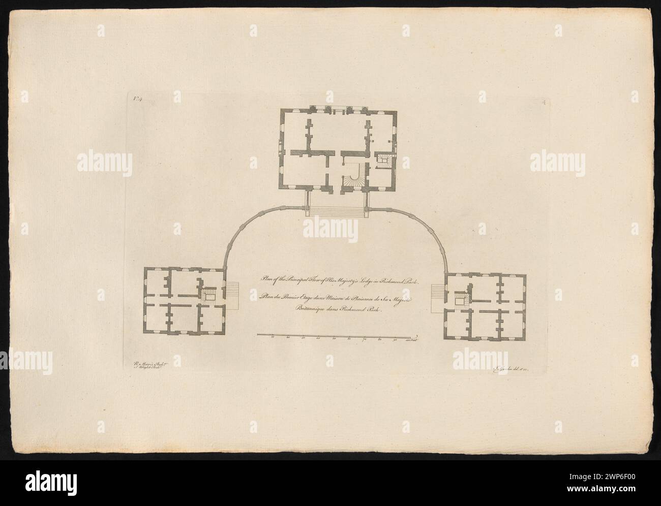 Pianta del primo piano del Royal Pavilion a Richmond Park, creata nel 1767 da James Gandon, Roger Morris, Stephen Wright e John Woolfe, con i dettagli degli spazi interni e della disposizione delle camere. Foto Stock