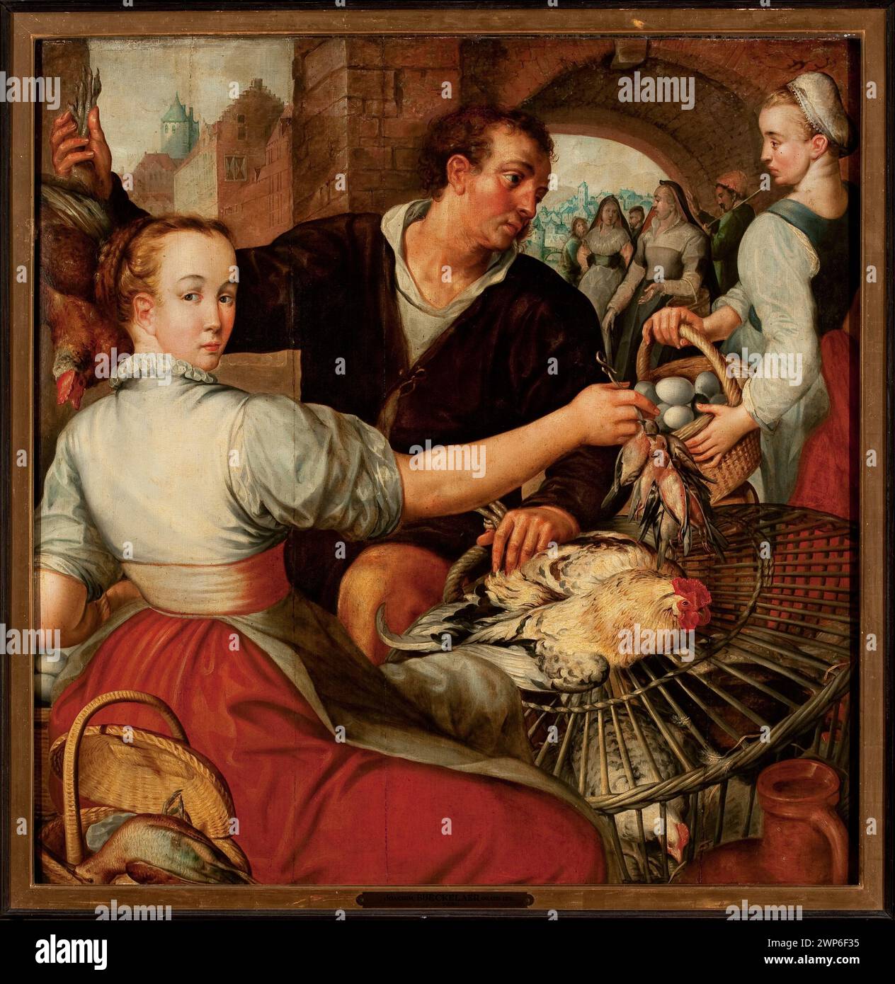 Scena del mercato olandese del XVI secolo di Joachim Beuckelaer raffigurante pollame, caraffe, uova e paesaggi cittadini, conservati nelle collezioni di Landwarów e Tyszkiewicz. Foto Stock