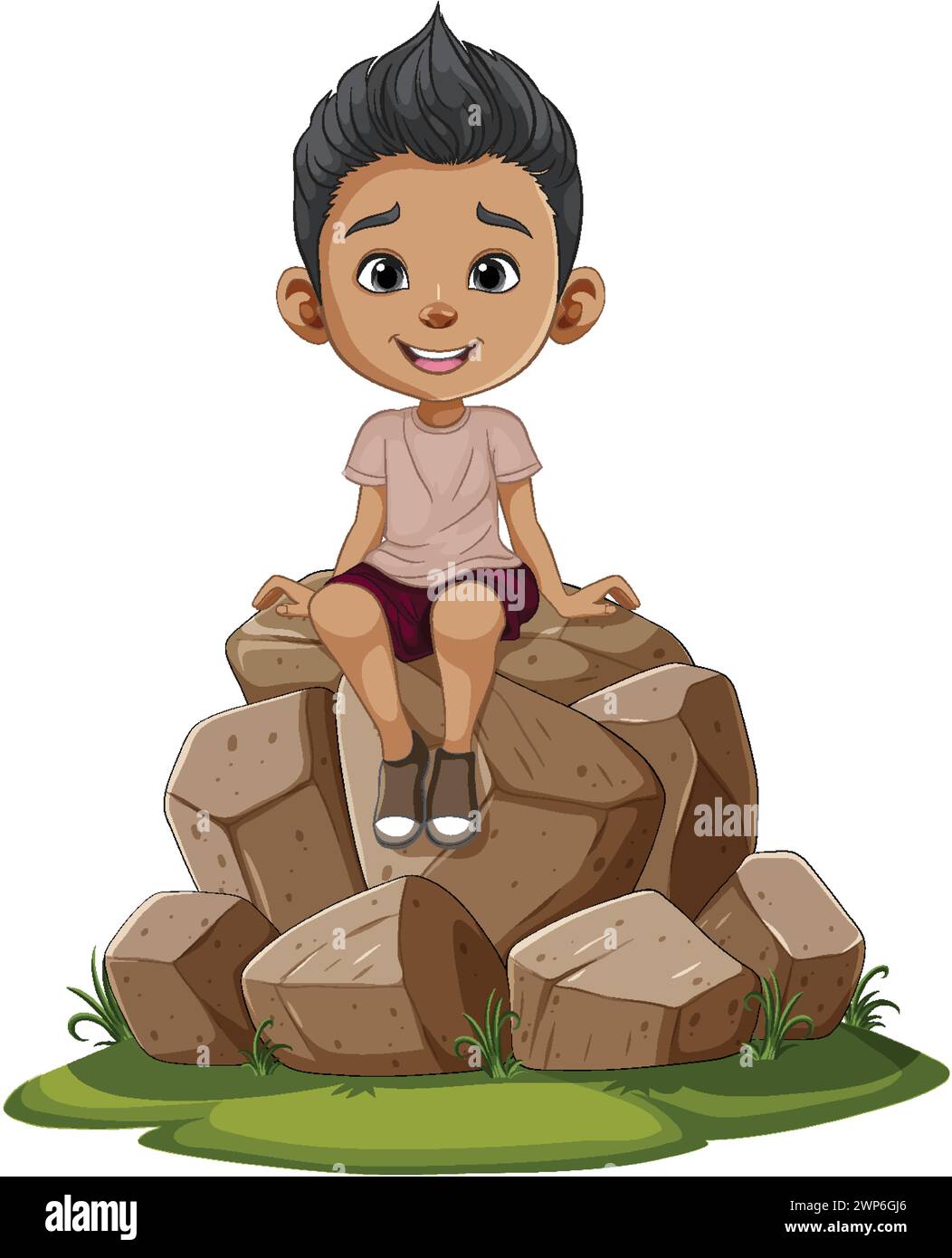 Un bambino allegro si diverte su un sedile roccioso Illustrazione Vettoriale