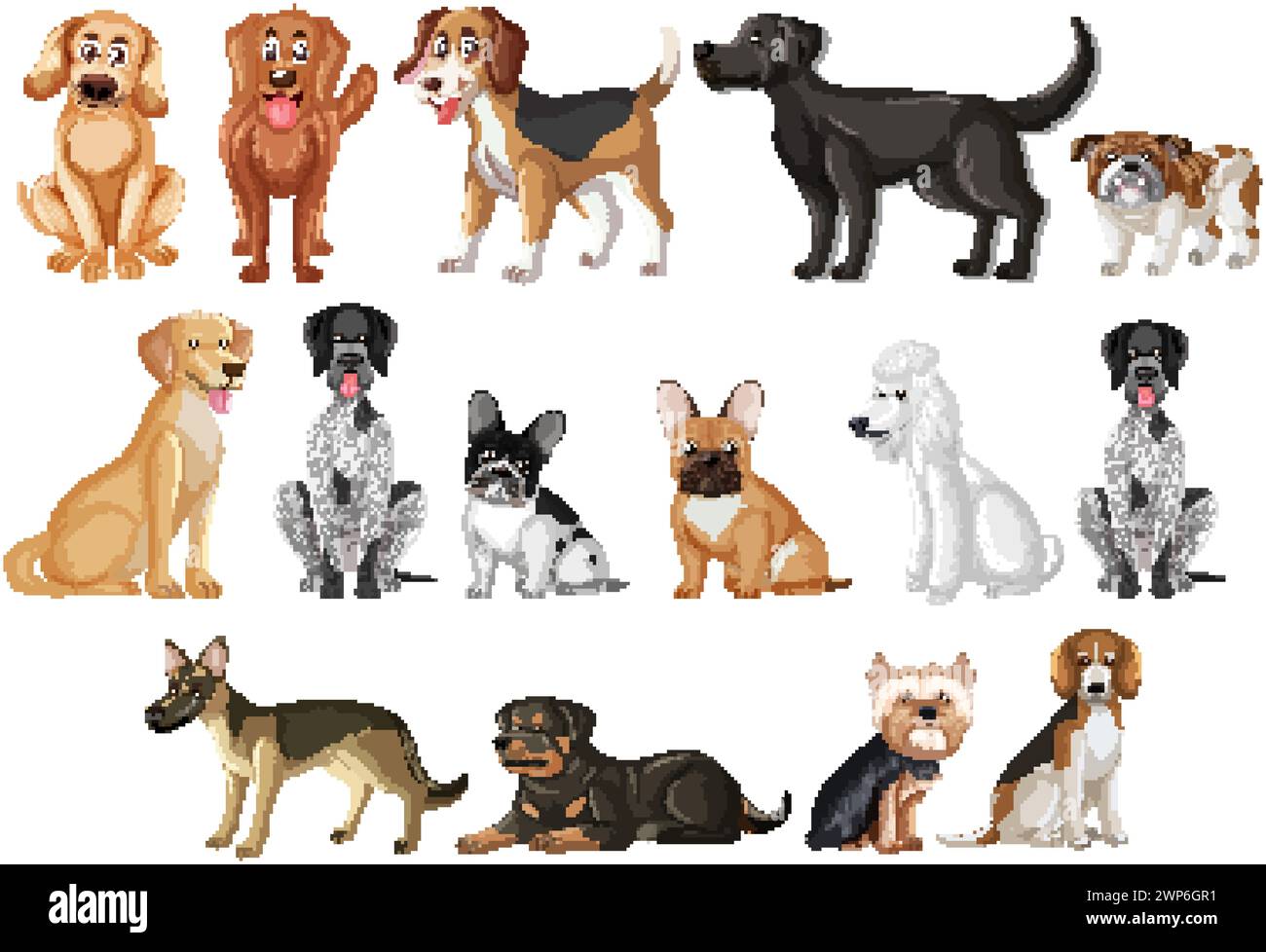 Collezione di varie razze di cani da cartone animato in piedi e seduti. Illustrazione Vettoriale