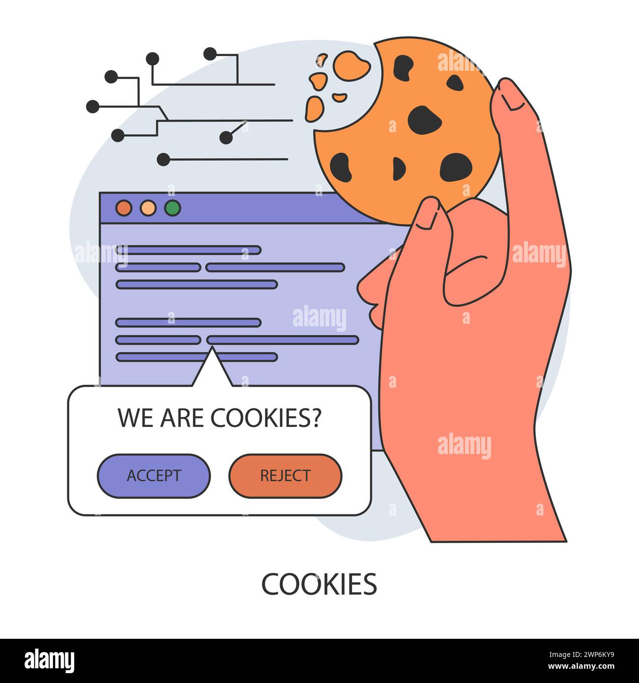 Tecnologia dei cookie. Monitoraggio della sessione del browser Web. Accesso al computer dell'utente e alle informazioni riservate. Miglioramento dell'identificazione del dispositivo e dell'esperienza di navigazione sul Web. Illustrazione vettoriale piatta Illustrazione Vettoriale