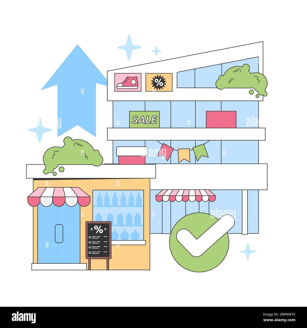 Retail Boost. Moderno edificio di negozi con articoli in vendita e cartellino sconto, con una grande freccia rivolta verso l'alto che indica la crescita e un segno di spunta che simboleggia il successo. Illustrazione vettoriale piatta Illustrazione Vettoriale