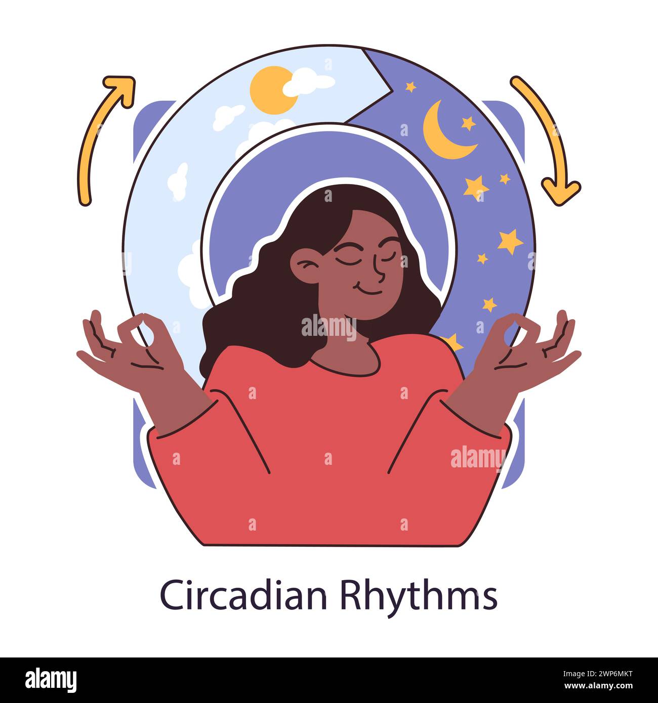 Ritmo circadiano. Donna significa l'equilibrio tra giorno e notte, veglia e sonno. Temporizzazione naturale dell'orologio biologico umano, ciclo di 24 ore. Illustrazione vettoriale piatta. Illustrazione Vettoriale