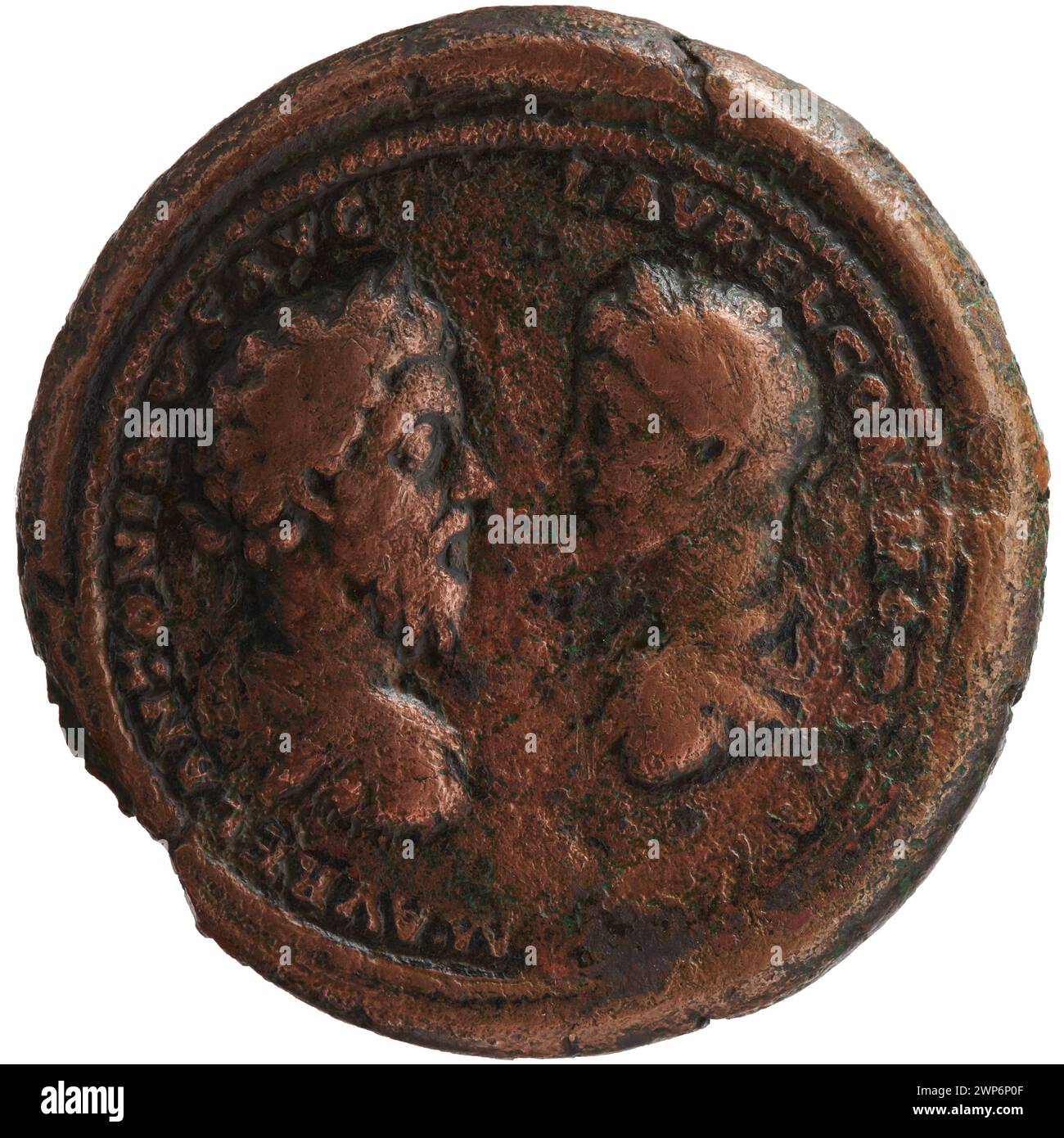 Medaglione del 177-180 d.C. raffigurante Marco Aurelio e Commodo, usato come oggetto commemorativo o simbolico nella cultura romana. Foto Stock