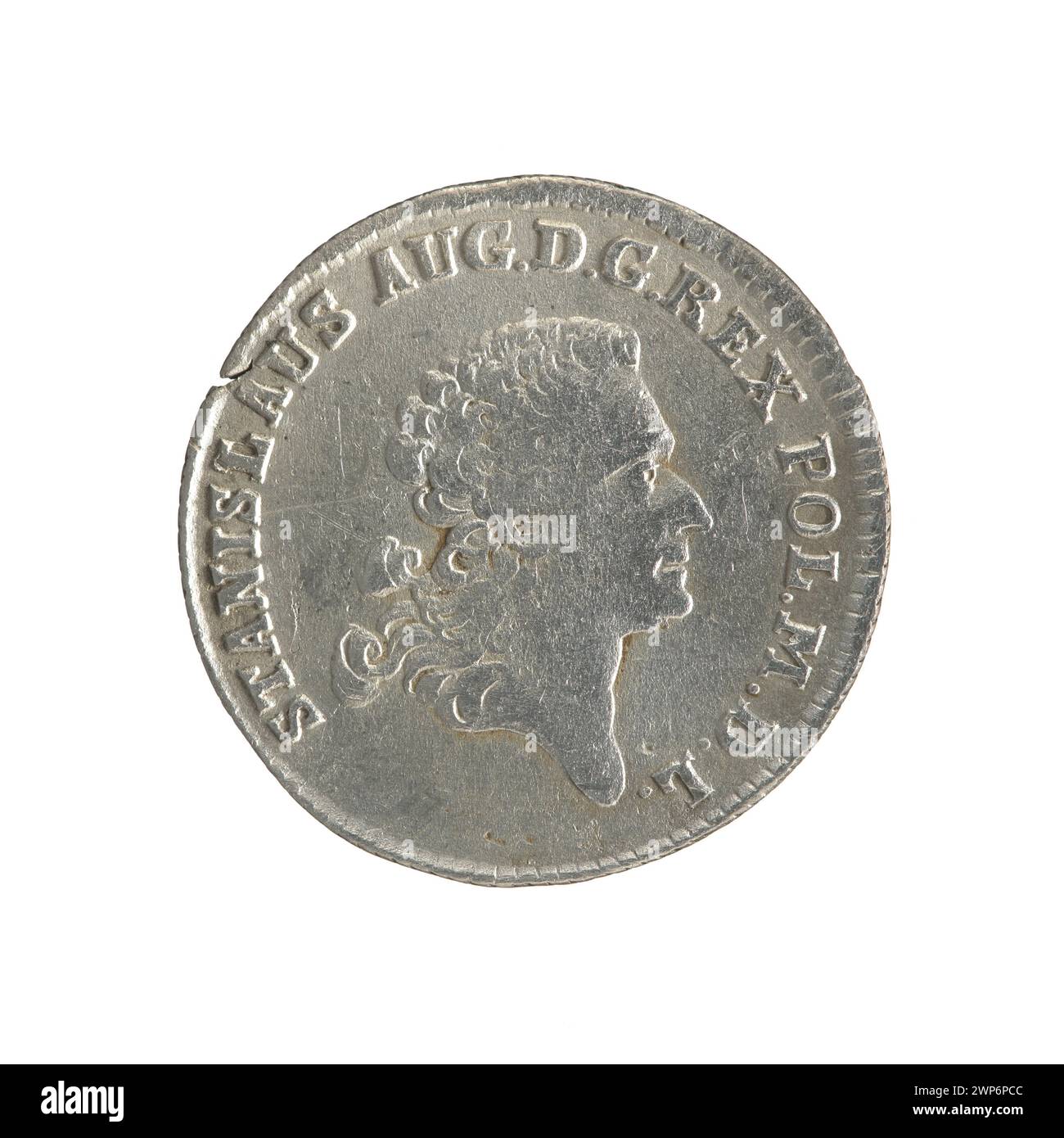 Moneta che mostra l'incoronazione di re Stanisław August Poniatowski (1764-1795), coniata nel 1768 sotto Justin Schröder, maestro della zecca di Varsavia, con ritratto reale e iscrizioni. Foto Stock