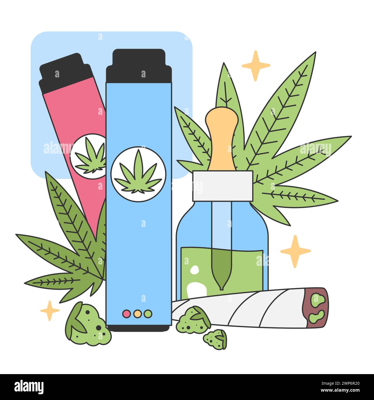 Prodotti a base di cannabis in mostra. Penne Vape, bottiglia di olio CBD, foglia di marijuana fresca e giunto arrotolato. Benessere naturale e terapia alternativa. Illustrazione vettoriale piatta Illustrazione Vettoriale