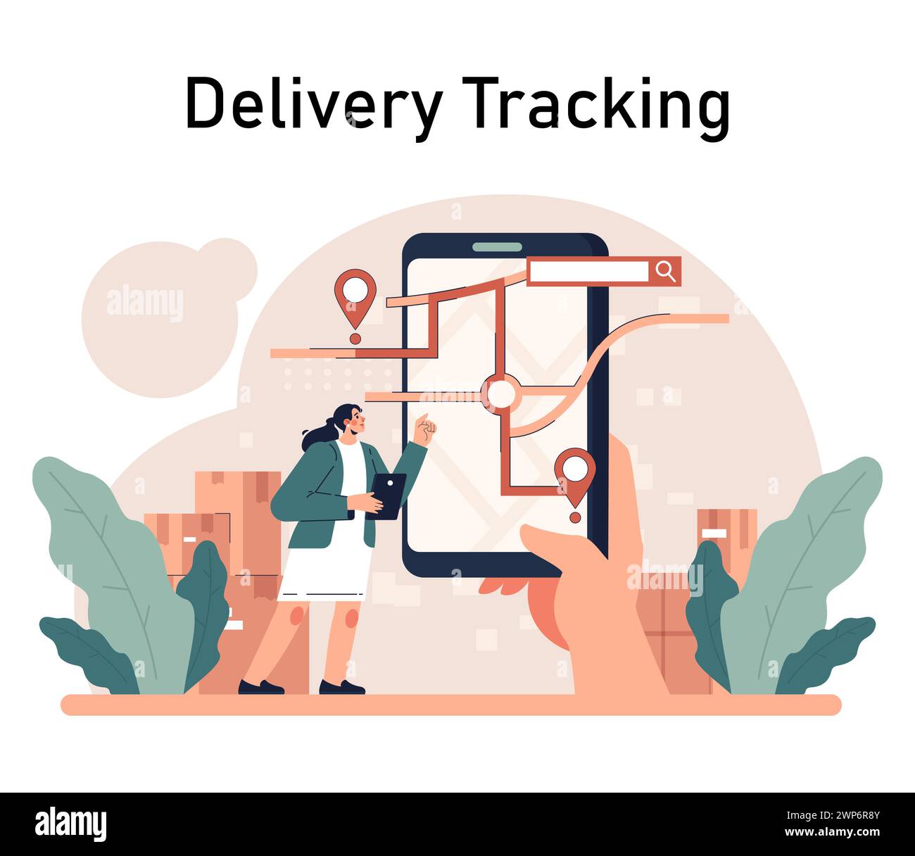 Consegna delle merci. Magazzino, logistica e consegna dell'ordine del cliente. Servizio di trasporto e distribuzione. Illustrazione vettoriale piatta Illustrazione Vettoriale