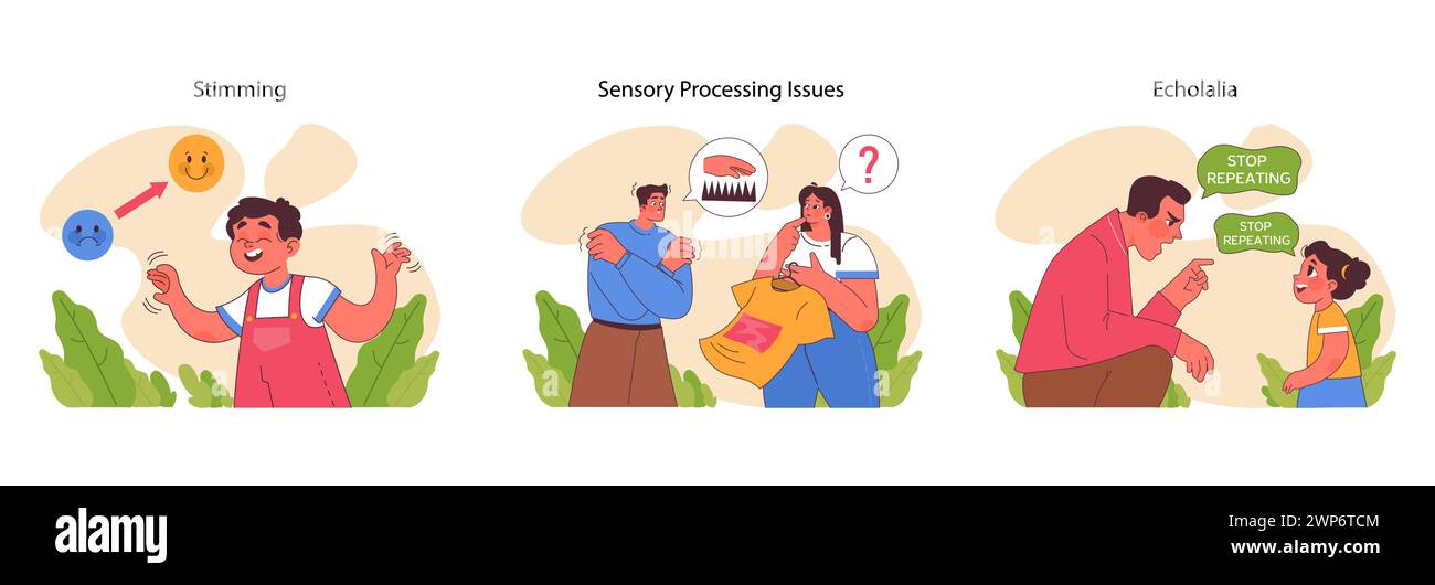Strategie di coping dello spettro autistico impostate. Illustra stimoli, problemi di elaborazione sensoriale ed echolalia nei soggetti affetti da ASD. Incoraggia la comprensione e il supporto. Illustrazione vettoriale piatta Illustrazione Vettoriale