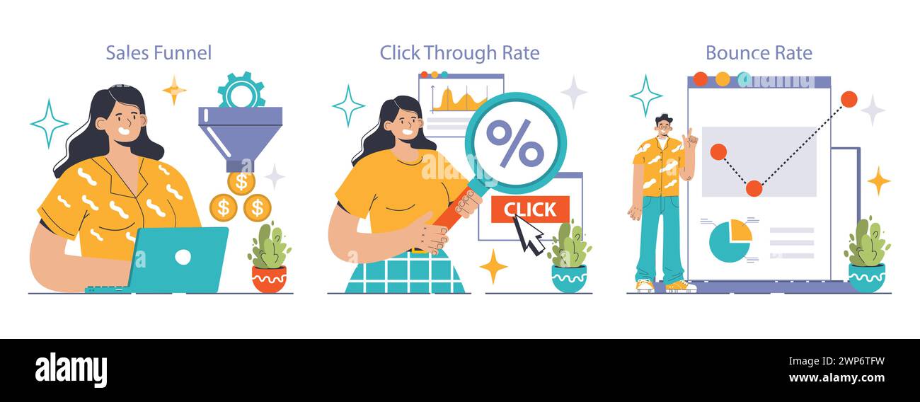 Set di marketing digitale. Donna analizza l'imbuto delle vendite, uomo ispeziona le metriche di click-through, analizzando il grafico del tasso di rimbalzo. Comportamento dei consumatori, coinvolgimento degli utenti, performance dei siti web. Illustrazione vettoriale piatta Illustrazione Vettoriale