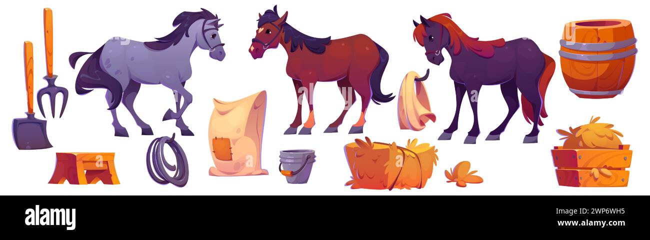 Design stabile isolato su sfondo bianco. Illustrazione di cartoni animati vettoriali di animali d'allevamento, fieno, botte di legno, forcone e pala, secchio di metallo, sacco in tessuto, elementi interni fienile Illustrazione Vettoriale