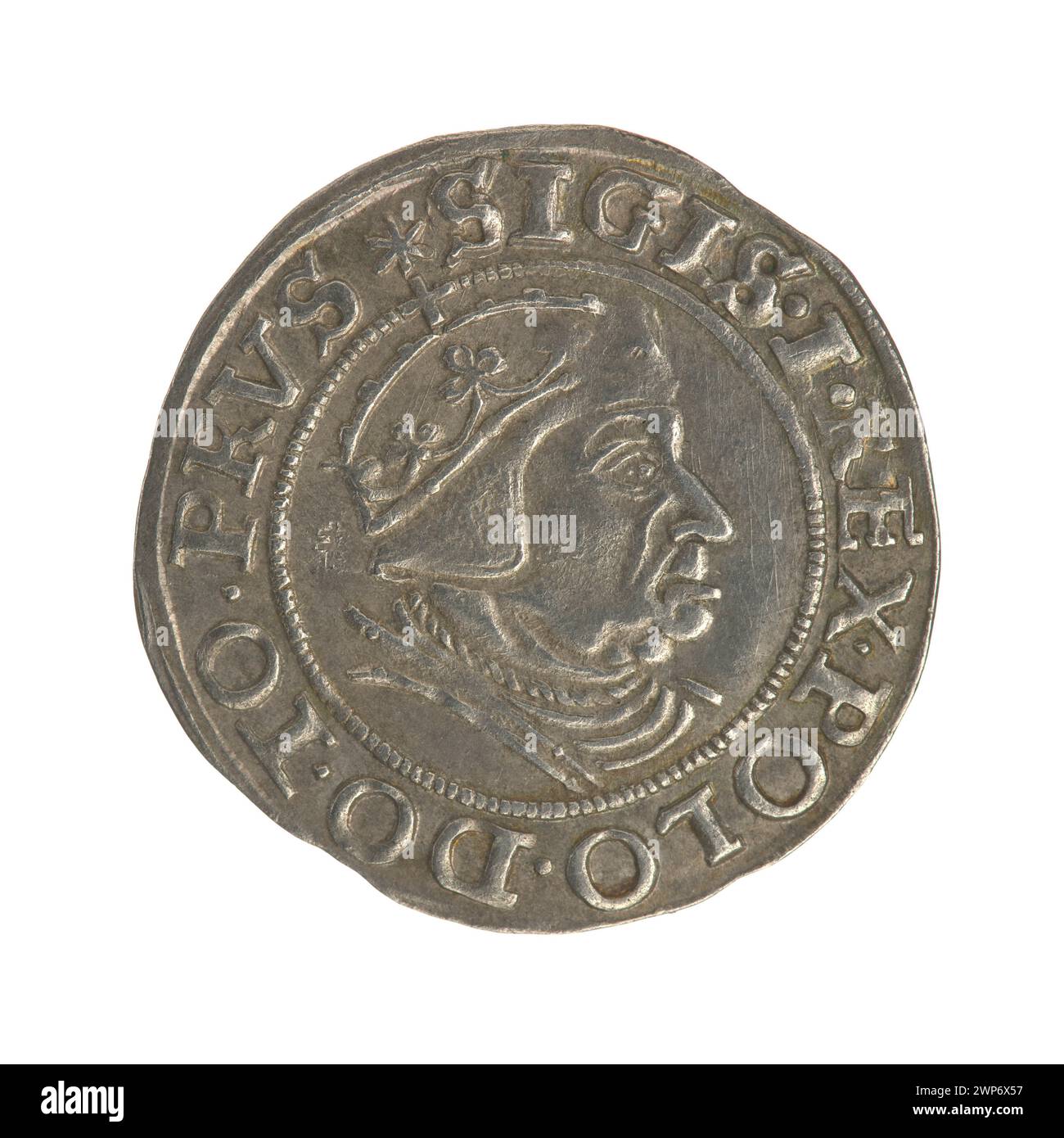 Penny d'argento di Gdańsk coniato nel 1539 sotto re Zygmunt i Stary, mostrando dettagli dritto e rovesciato, iscrizioni e caratteristiche della moneta polacca del XVI secolo. Foto Stock
