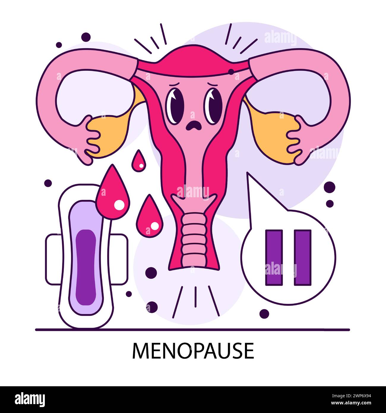 Menopausa. Carattere Ovum che traccia gli spostamenti ormonali. Organo riproduttivo femminile, utero con segno di pausa. Fine del ciclo mestruale di una donna. Salute riproduttiva. Illustrazione vettoriale piatta. Illustrazione Vettoriale