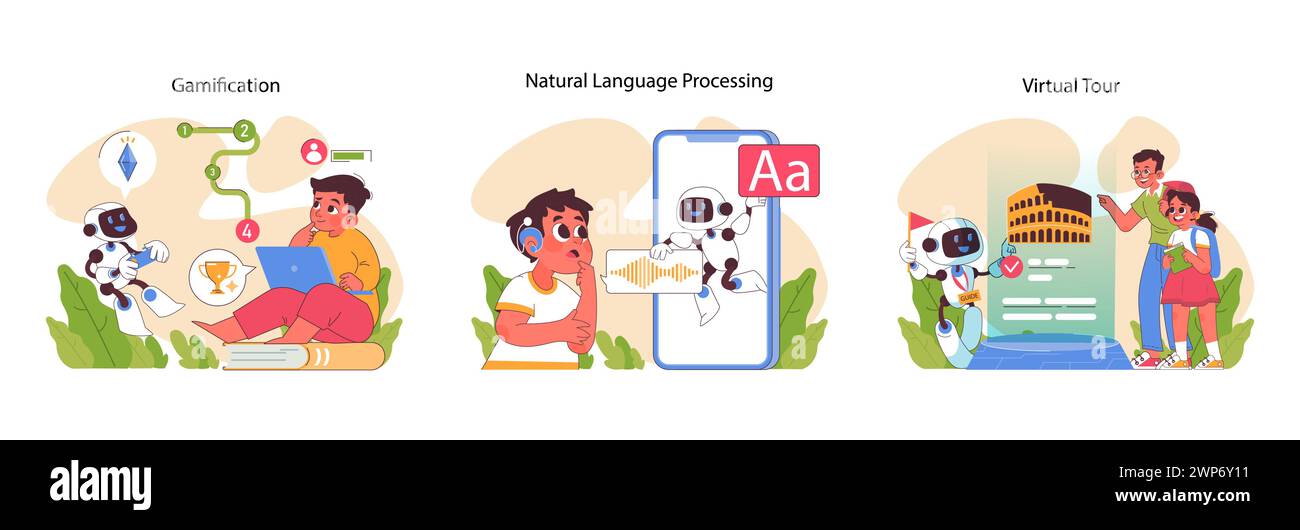 Coinvolgimento dell'intelligenza artificiale nel set Education. Rendere divertente l'apprendimento attraverso la gamification. Comprendere il linguaggio con l'intelligenza artificiale. Esplora la storia con tour virtuali. Illustrazione vettoriale piatta Illustrazione Vettoriale