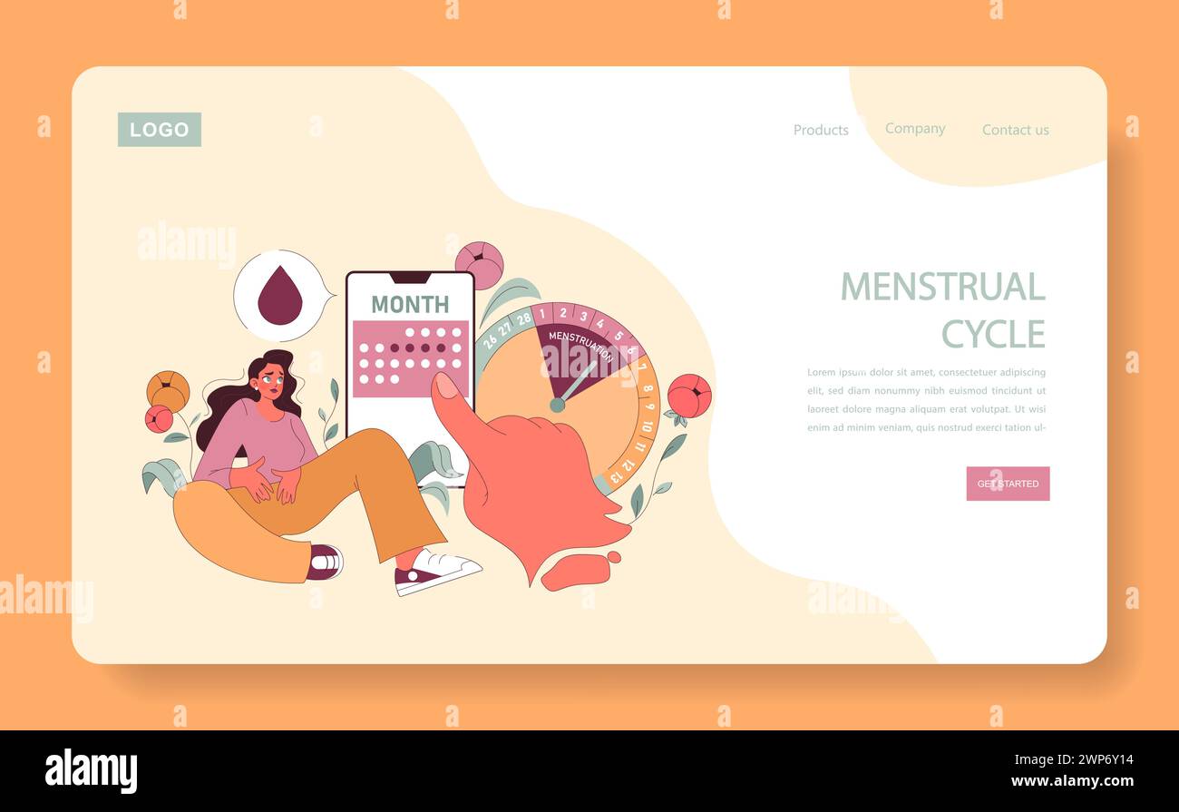 Ciclo mestruale. Una donna, insieme al calendario digitale e all'orologio che evidenziano le giornate mestruali, naviga nelle complessità del suo ciclo. Viaggio fisiologico mensile. Illustrazione vettoriale piatta. Illustrazione Vettoriale