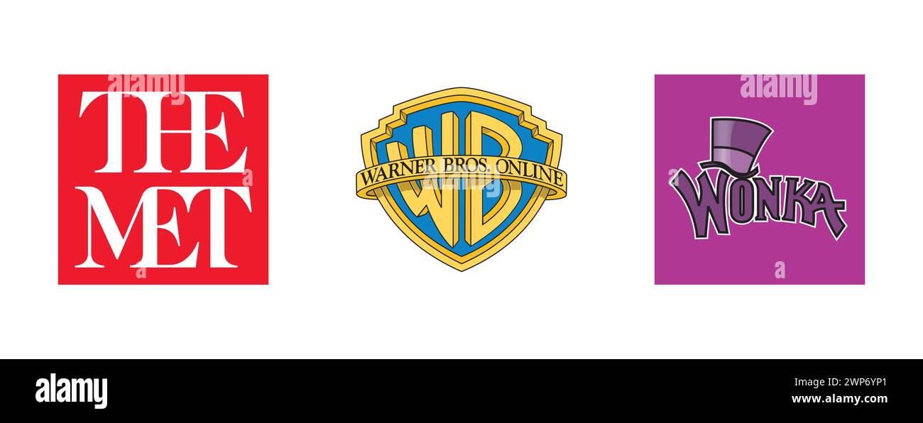 Metropolitan Art Museum, Warner Bros Online, Wonka. Collezione di logo del marchio più popolare. Illustrazione Vettoriale