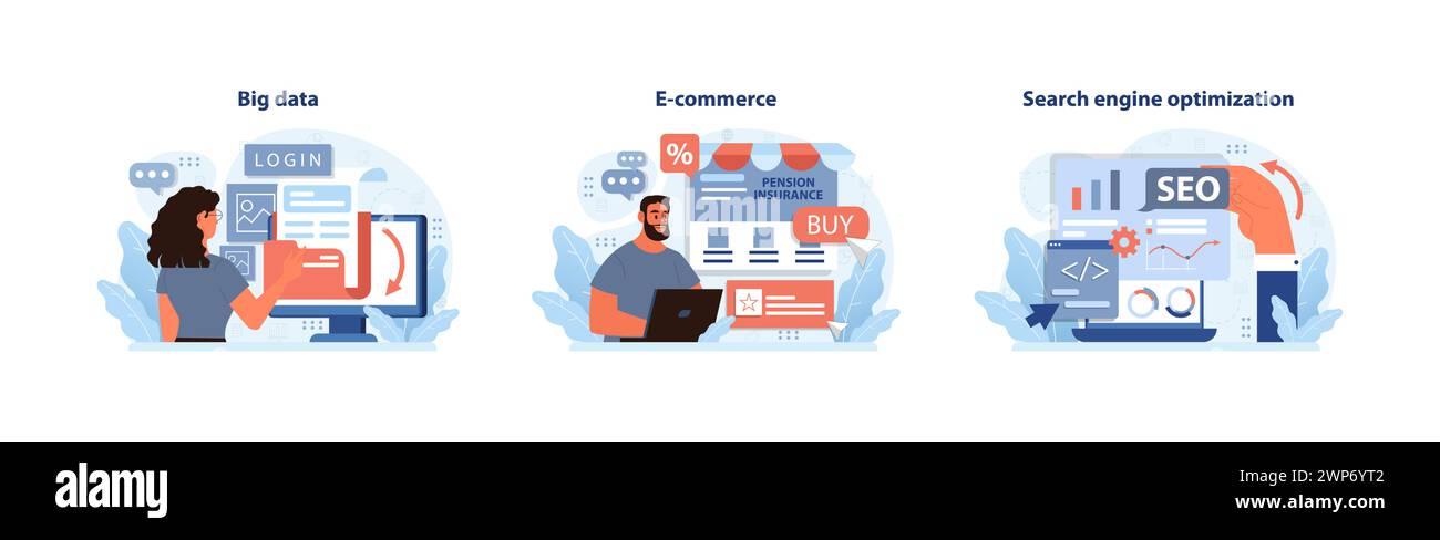 Elementi essenziali per il business digitale. Sfruttare i big data, semplificare l'e-commerce e padroneggiare il SEO. Elementi chiave per una solida presenza online. Illustrazione vettoriale piatta. Illustrazione Vettoriale