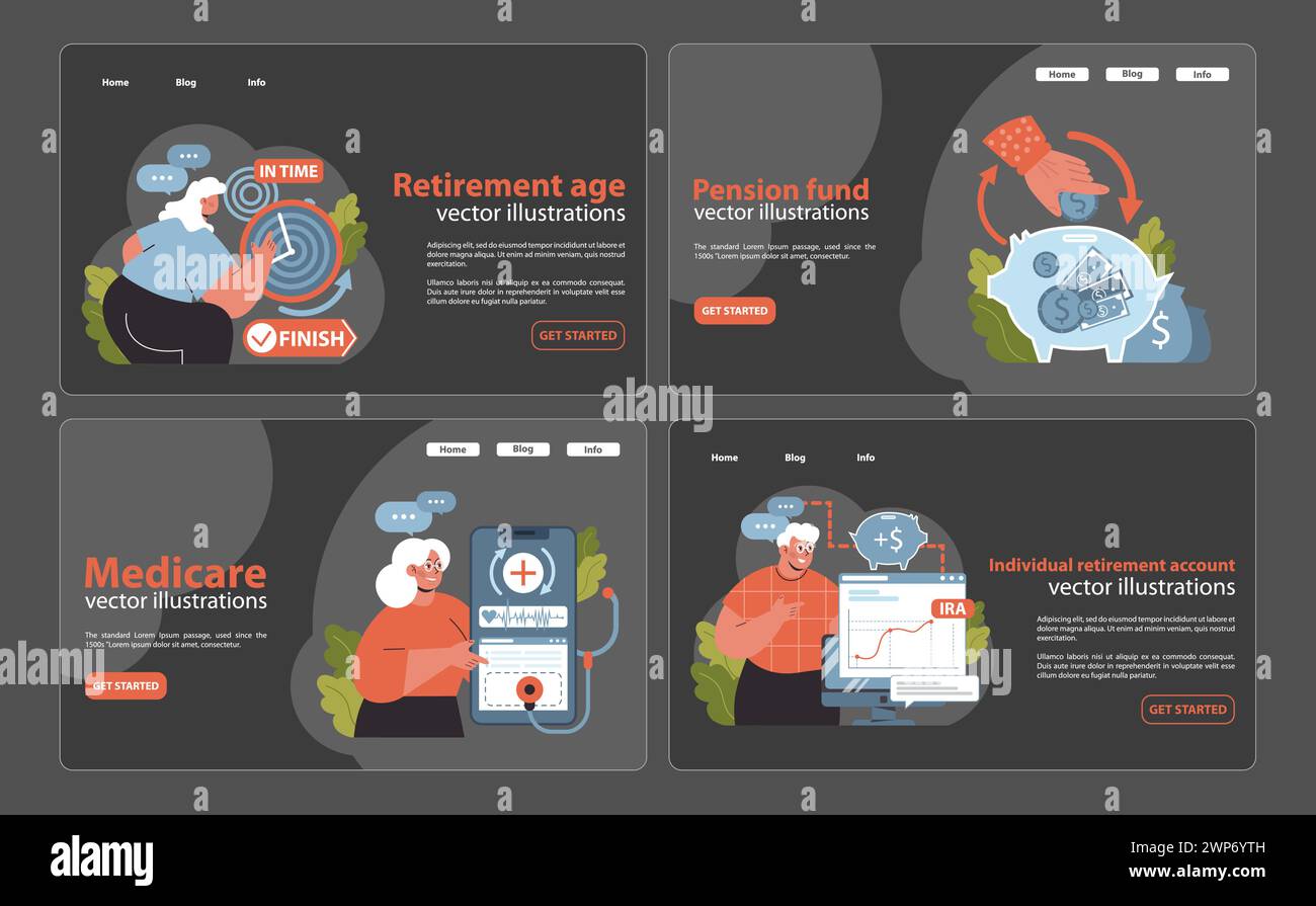 Set pensione e pianificazione. La donna anziana si rivolge a una pensione tempestiva, le mani ruotano i fondi pensione, la guida del sistema medicare, gli studi dell'uomo IRA benefici.vettore piatto. Illustrazione Vettoriale