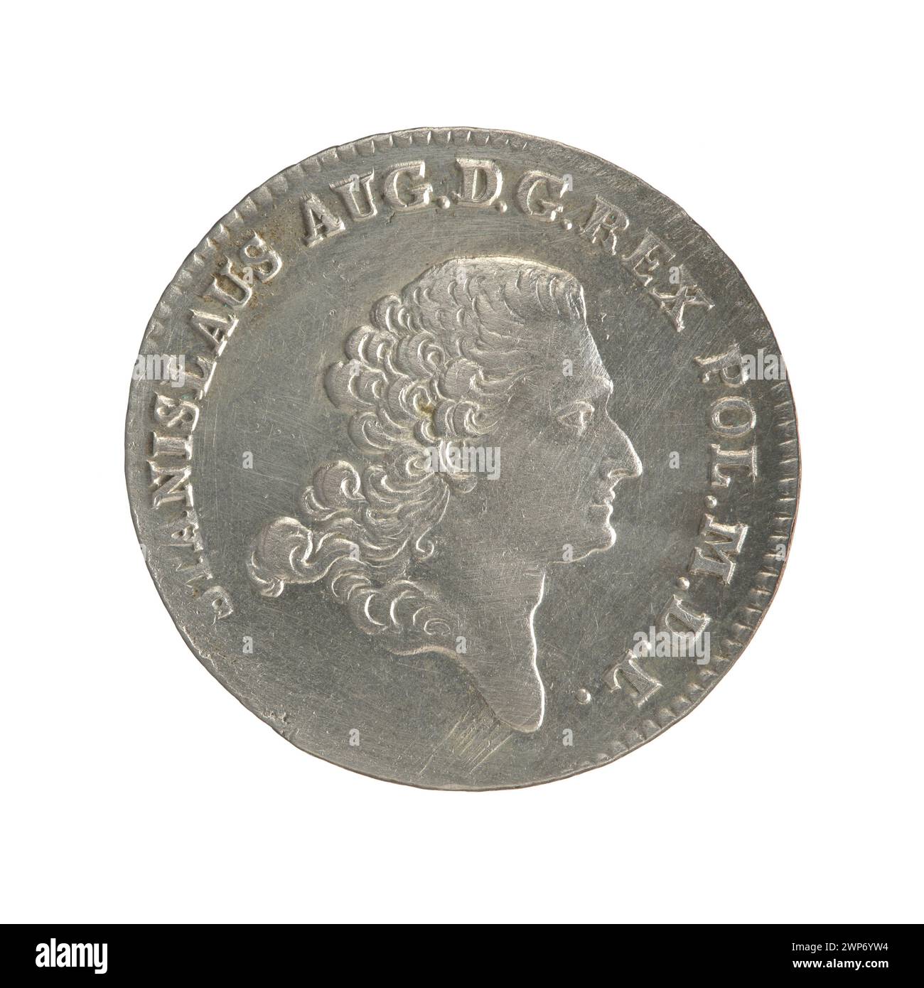 Moneta d'argento da 2 corone emessa nel 1767 durante il regno del re polacco Stanisław August Poniatowski, coniata da Fryderyk Wilhelm Sylm, con insegne reali e segni di taglio. Foto Stock