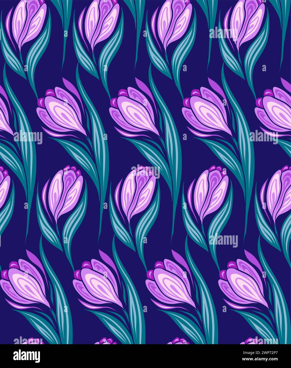 Motivo a molla vettoriale senza cuciture con fiori viola su sfondo scuro. Texture naturale con croci in fila. Design con superficie floreale per tessuti Illustrazione Vettoriale