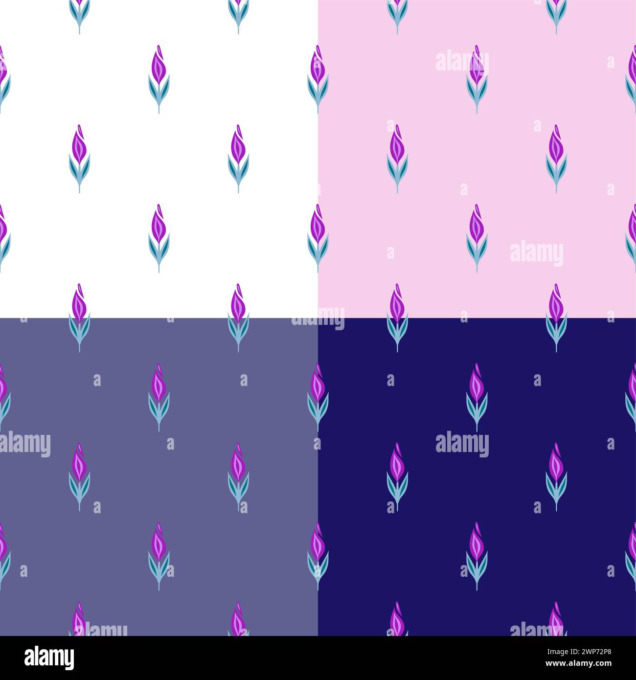 Set di superfici vettoriali con semplici fiori rosa in fila su sfondo viola, bianco, grigio e rosa. Collezione di fiori geometrici senza cuciture Illustrazione Vettoriale