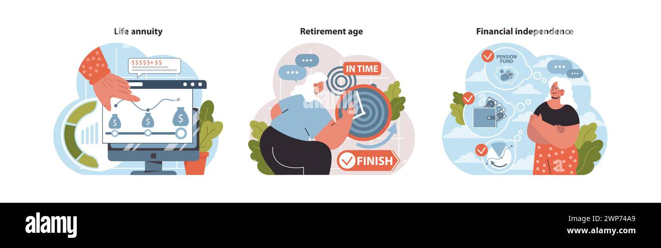 Le fasi di pensionamento sono state fissate. Gestire i pagamenti delle rendite a vita, raggiungere gli obiettivi di pensionamento tempestivo, celebrare l'indipendenza finanziaria. Assicurazione del fondo pensione. Obiettivi raggiunti. Illustrazione vettoriale piatta. Illustrazione Vettoriale