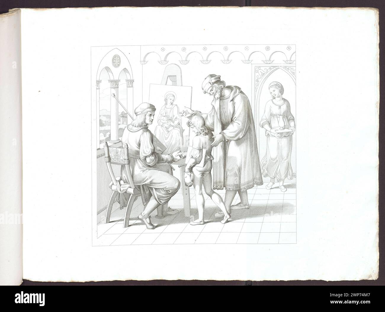 Illustrazione di Rafael Sanzio che arriva allo studio di istruzione del suo insegnante Perugin, dalla pubblicazione del 1816. Foto Stock