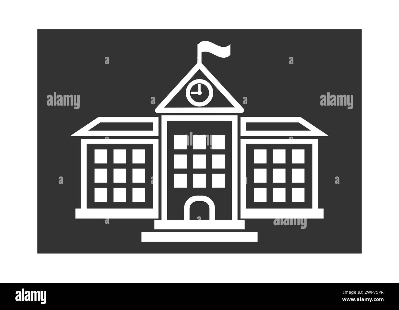 Edificio scolastico con icona piatta con orologio e flag per applicazioni e siti Web Illustrazione Vettoriale