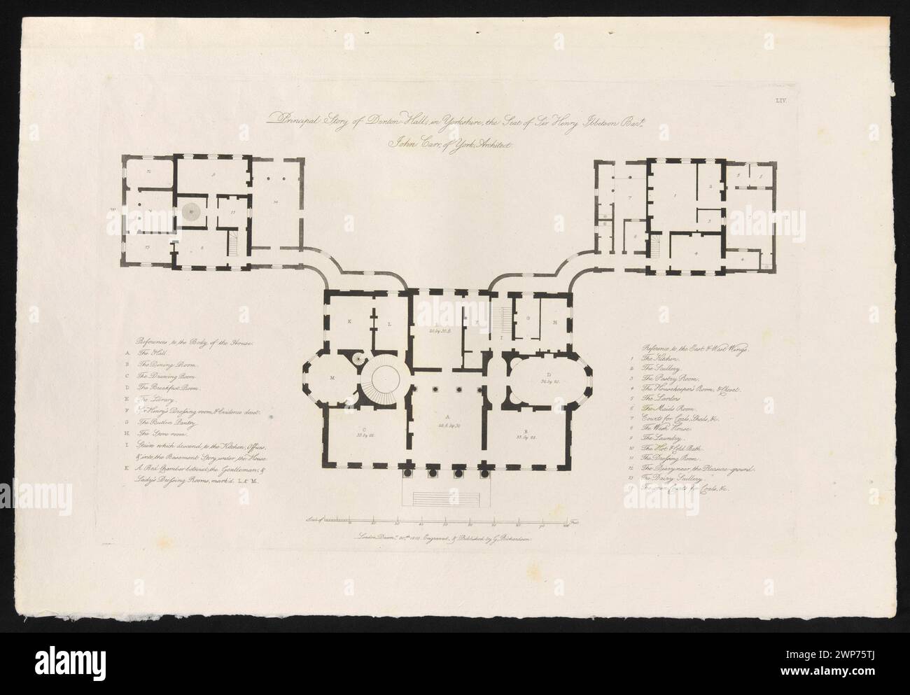 Pianta del piano principale e della parte di servizio dell'edificio Denton-Hall, una proprietà situata nella parte occidentale dello Yorkshire, di proprietà del baronetto Henry Ibbetson; Richardson, George (1736-1817), Carr, John (1723-1807), Richardson, George (Londra; editore; FL CA 1766-1816); 1802-1808 (edizione); 1800 (matrice) (1800-00-00-1808-00-00-00); Foto Stock