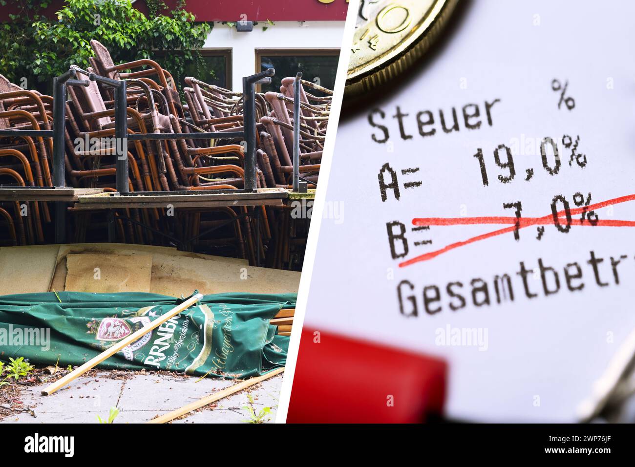 FOTOMONTAGE, Gastro-Krise: Gestrichene Umsatzsteuer von 7 Prozent auf einem Kassenbon und gestapelte Stühle vor einem geschlossenen Restaurant Foto Stock