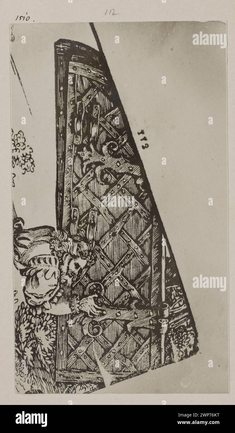 Fotografia di un'illustrazione tratta dalla Bibbia Leopolita (1575) che mostra Sansone che porta le porte di Gaza, documentata da Stanisław Trzciński nel 1914. Foto Stock