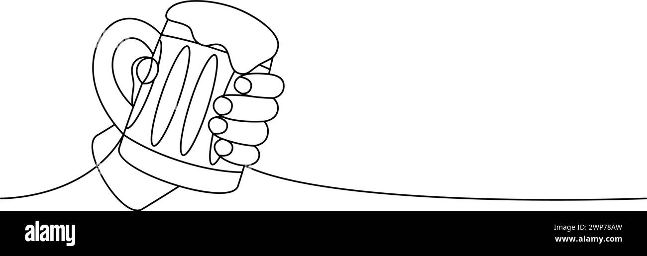 Mano che regge una tazza di birra, una linea di disegno continuo. Illustrazione continua di una riga dei prodotti da pub della birra. Illustrazione lineare vettoriale. Illustrazione Vettoriale