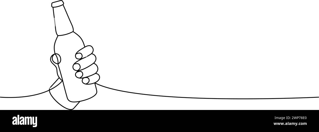 Mano che regge una bottiglia di birra una linea di disegno continuo. Prodotti da pub della birra, applaude continua a una riga di illustrazione. Illustrazione lineare vettoriale. Illustrazione Vettoriale