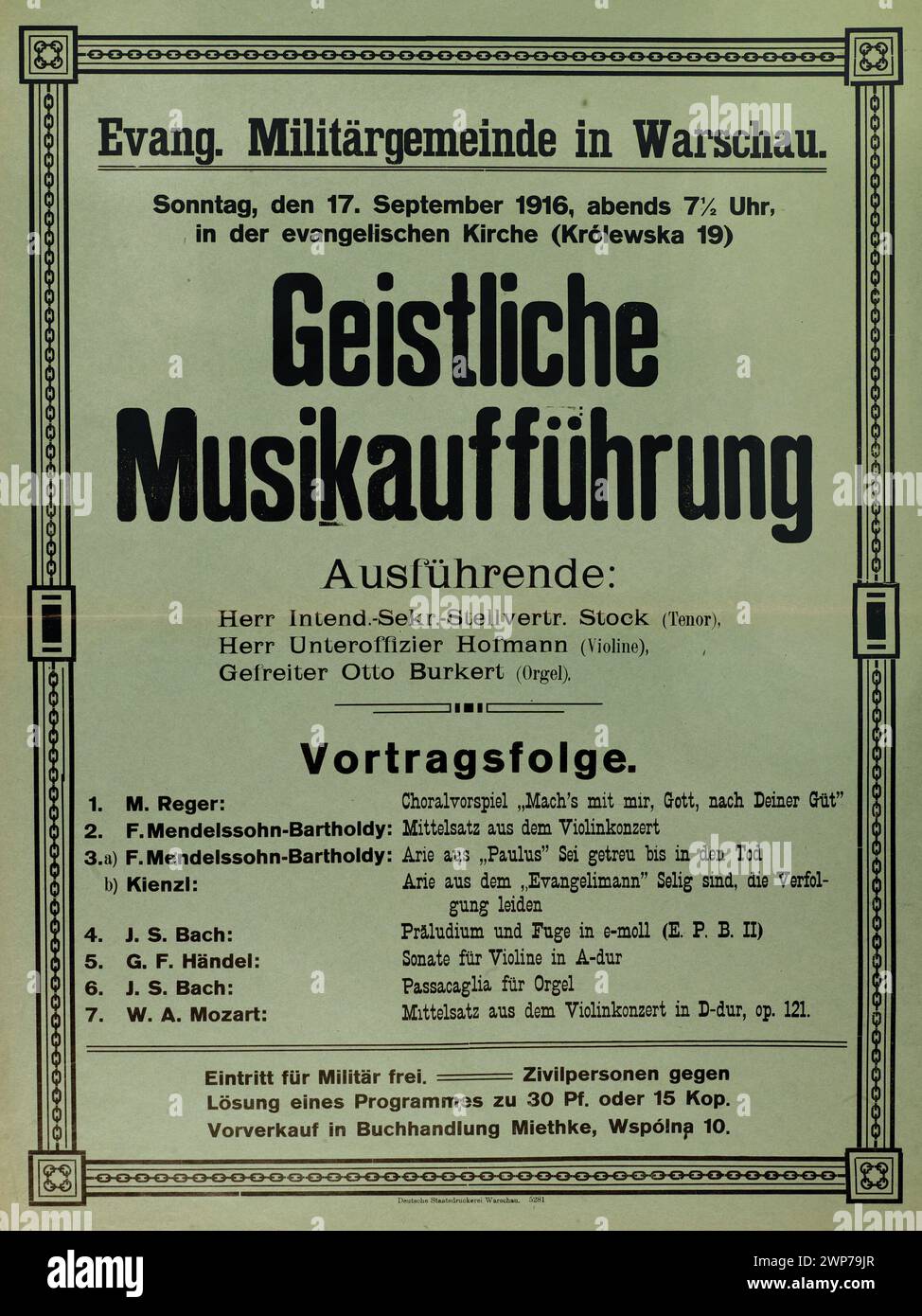 Planging un concerto nella chiesa evangelica di Varsavia, organizzato da Evangelische Militärgemeinde a Warschau, il 17 settembre 1916, ul. Królewska 19; Deutsche Staatsdruckerei Warschau (Varsavia; stamperia; 1916-1918); 1916 (1916-00-00-1916-00-00); Imperial-German General Government of Warsaw (1915-1918), Varsavia (Voivodato della Masovia), poster, manifesti musicali, evangelici, concerti, chiese evangeliche, chiesa di San Trinità (Varsavia - Evangelica - Augusta), musica Foto Stock