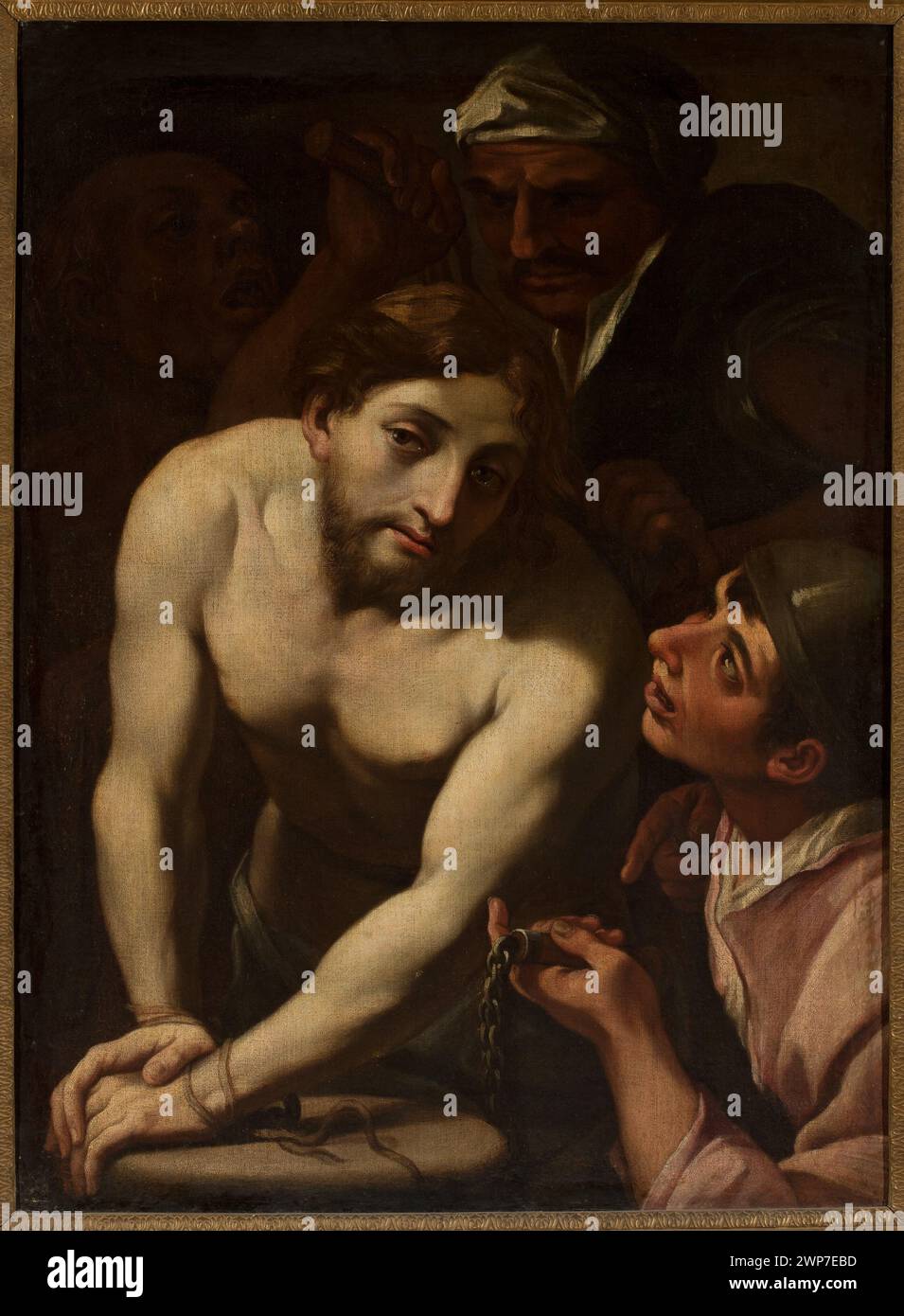 Pittura italiana del XVII secolo raffigurante Gesù Cristo nella colonna, in stile caravaggionista, compresa l'iconografia biblica ed evangelica. Foto Stock