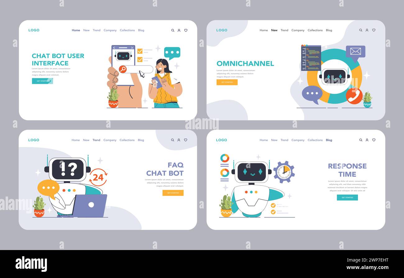 Chat Bot Universe Web o landing set. Immergetevi nel supporto basato sull'intelligenza artificiale: Motori NLP e personalizzazione. Interagisci con l'integrazione multicanale e le chat sicure. Illustrazione vettoriale piatta Illustrazione Vettoriale