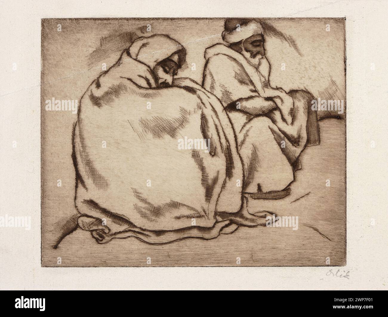 Un dipinto del 1912 di Emil Orlik che mostra arabi e beduini seduti contro un muro in Egitto, in una scena di genere modernista. Foto Stock