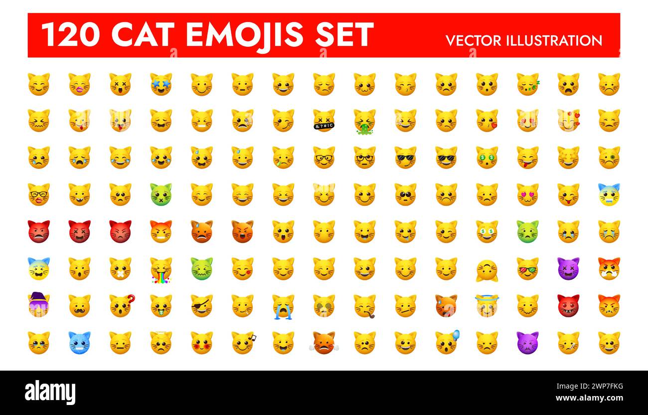 Design di illustrazione vettoriale con set di emoji a forma di gatto grande. Pacchetto emoticon animali per applicazioni Web e mobili. Insegne facciali per messaggeri e app. Illustrazione Vettoriale