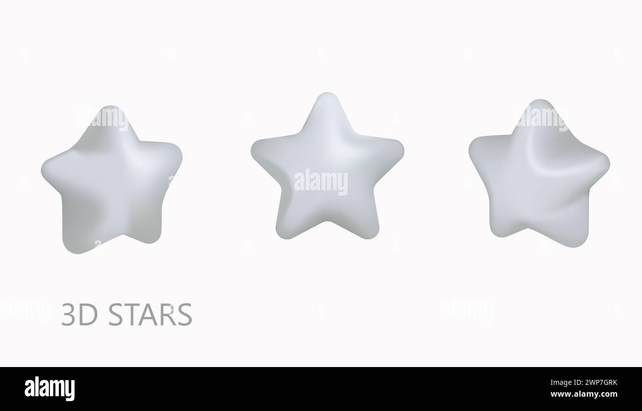 Icone a stella 3D argento o platino con disegno vettoriale. Set di simboli per dispositivi mobili, Web, classifiche o premium. Illustrazione Vettoriale