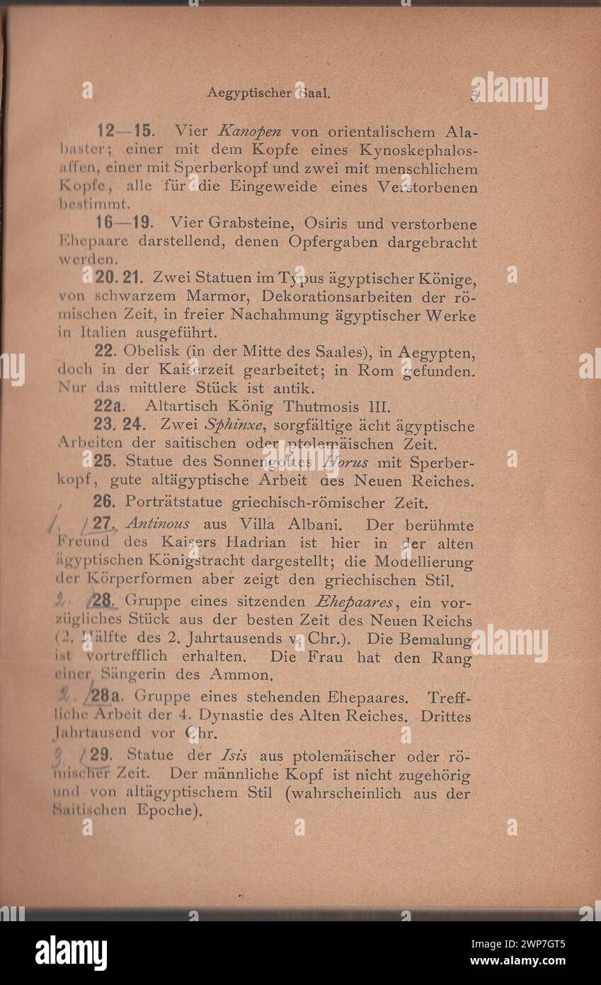 Adolf Furtwängler : Glyptothek 1907 / Illustrierter Katalog der Glyptothek König I. zu München di Ludwig / Kastner & Callwey, 1907 / Catalogo illustrato della Glyptothek di Re Ludovico i a Monaco di Baviera al 1907 / Agyptischer Saal / sala egizia / sala egizia / Descrizione dei manufatti nella sala egiziana / Beschreibung der Artefakte in der ägytischen Halle / elenco e descrizione delle opere d'arte da la sala egiziana Museo Glyptotek Foto Stock