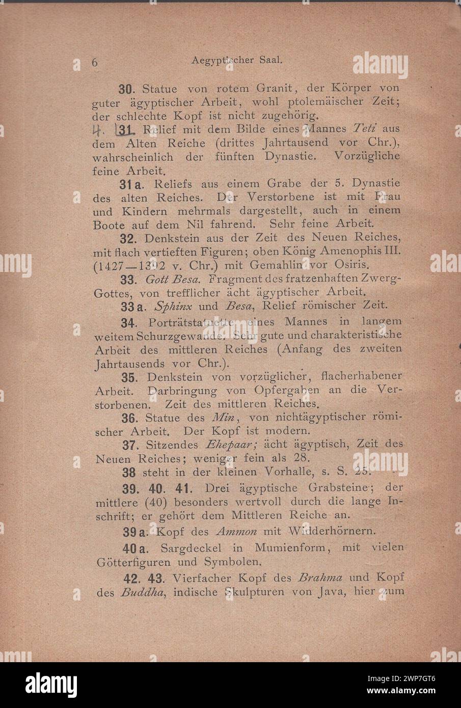 Adolf Furtwängler : Glyptothek 1907 / Illustrierter Katalog der Glyptothek König I. zu München di Ludwig / Kastner & Callwey, 1907 / Catalogo illustrato della Glyptothek di Re Ludovico i a Monaco di Baviera al 1907 / Agyptischer Saal / sala egizia / sala egizia / Descrizione dei manufatti nella sala egiziana / Beschreibung der Artefakte in der ägytischen Halle / elenco e descrizione delle opere d'arte da la sala egiziana Museo Glyptotek Foto Stock