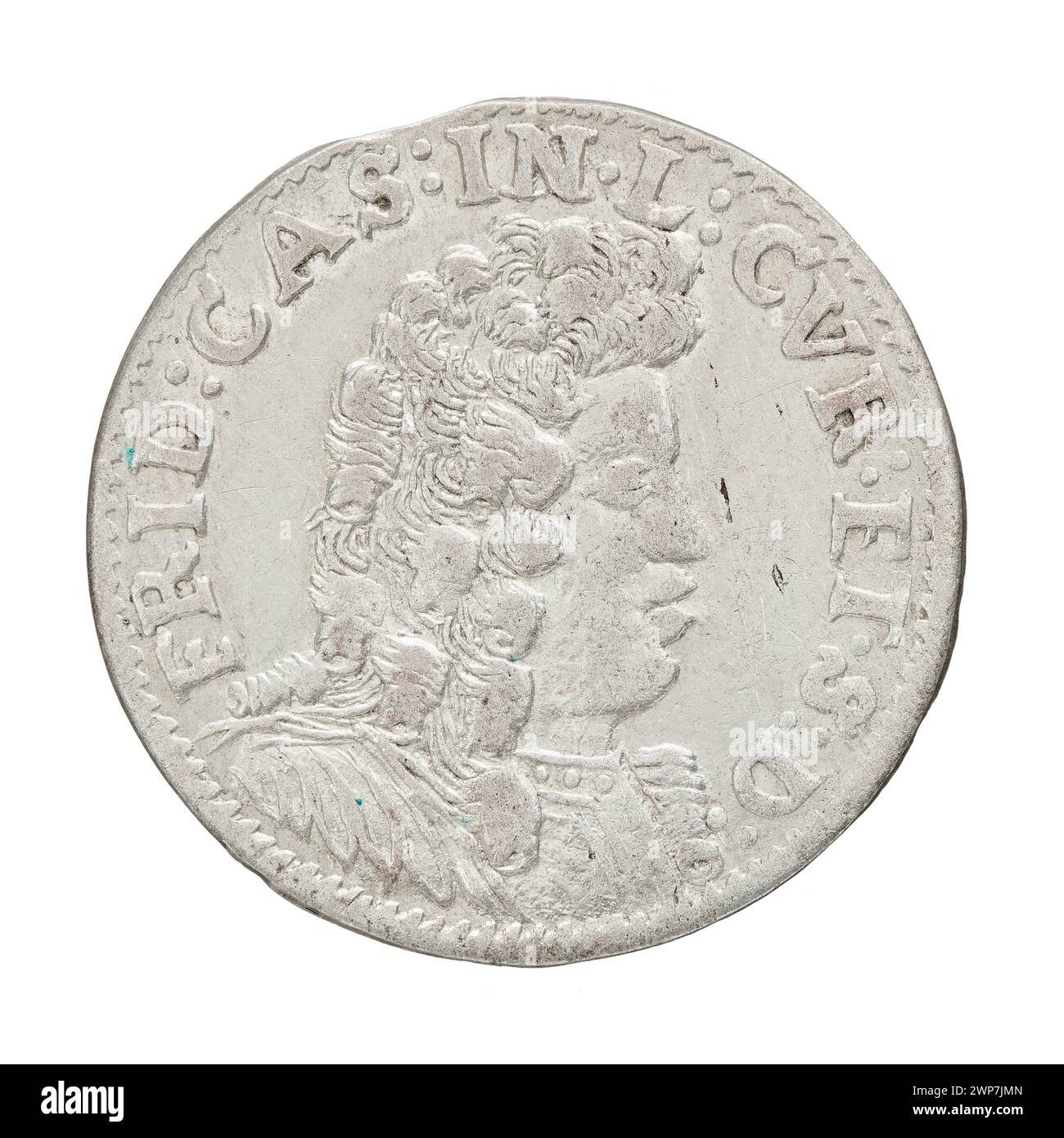 Moneta chiamata Six emessa nel 1694 da Fryderyk Kazimierz Kettler, duca di Curlandia e Semigallia, incisa da Gustaw Adolf Hille, che mostra le caratteristiche della moneta europea del XVII secolo. Foto Stock