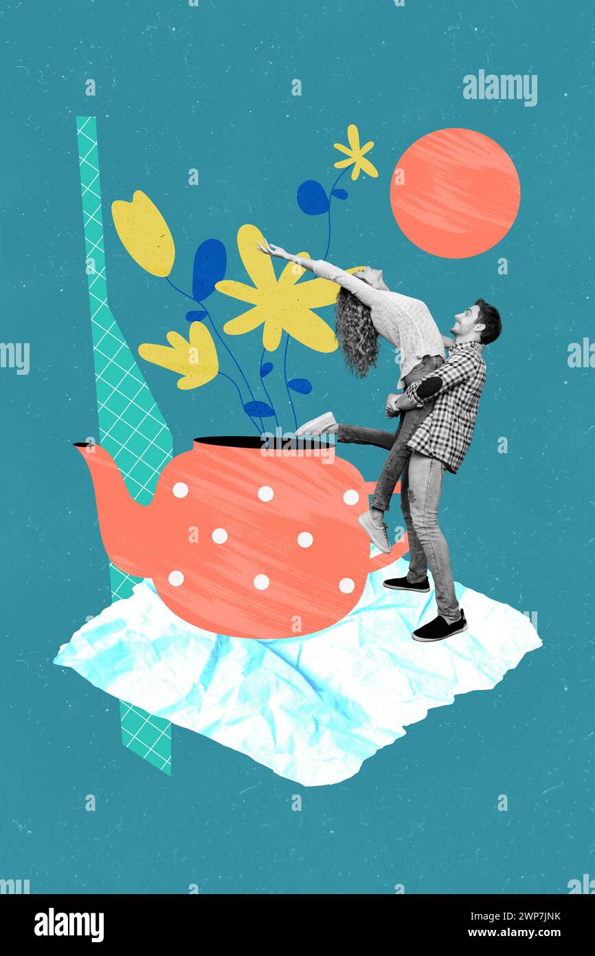 Immagine collage di due persone felici che ballano per celebrare la primavera isolata su sfondo blu Foto Stock