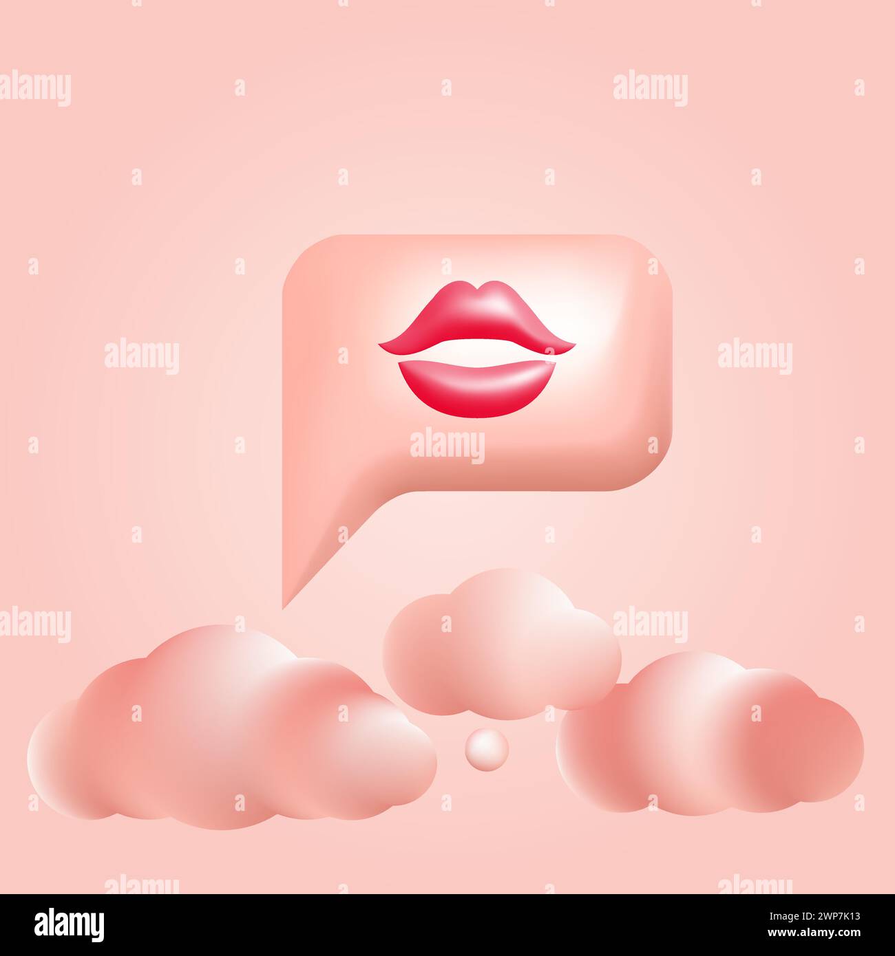 Bolla vocale 3d viola con labbra e nuvole disegno vettoriale. Banner Web, messaggio d'amore per San Valentino Illustrazione Vettoriale