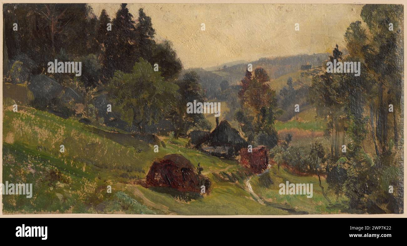 Valle di montagna che conduce ad una fattoria a Przesieka, montagne di Karkonosze, disegnata da Adolf Dressler (1850-1881). L'opera mostra foreste, ruscelli e terreni montuosi, parte della collezione Schlesisches Museum der Bildenden Künste. Foto Stock