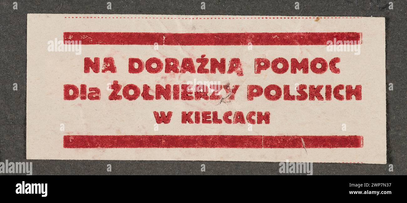 Un caso stampato del 1914-1920 con testo che indica l'assistenza ad hoc per i soldati polacchi a Kielce. Foto Stock