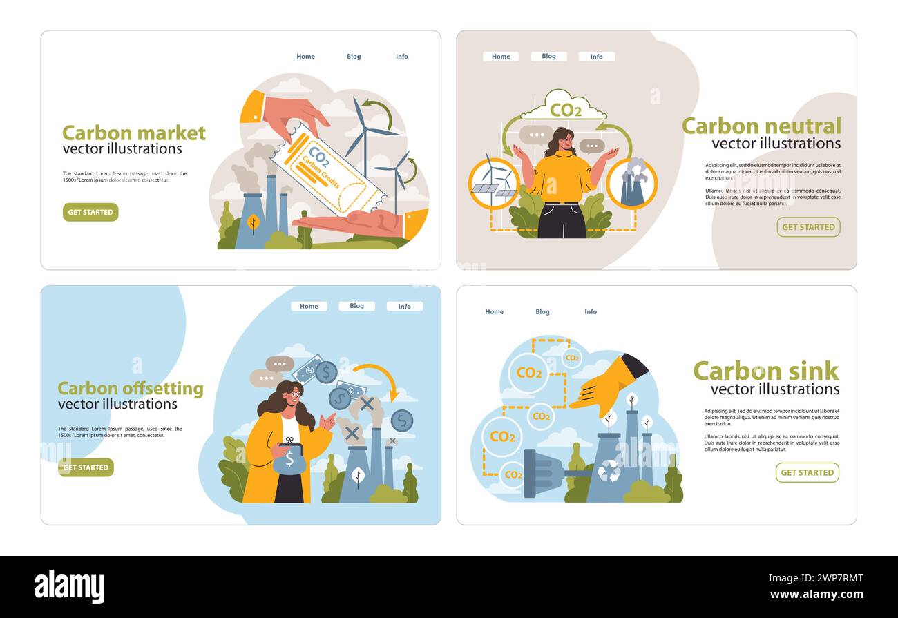 Banner Web su Web o landing set di soluzioni per il clima. Hand presenta strategie di mercato, Woman esplora la compensazione, la vita eco-bilanciata e la foresta come assorbente di CO2. Iniziative ecologiche. Vettore piatto Illustrazione Vettoriale