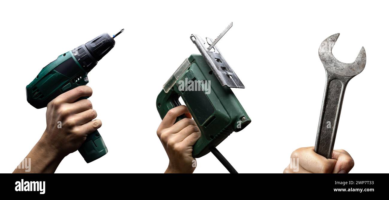 Strumenti tenuti da una mano - isolati dallo sfondo Foto Stock
