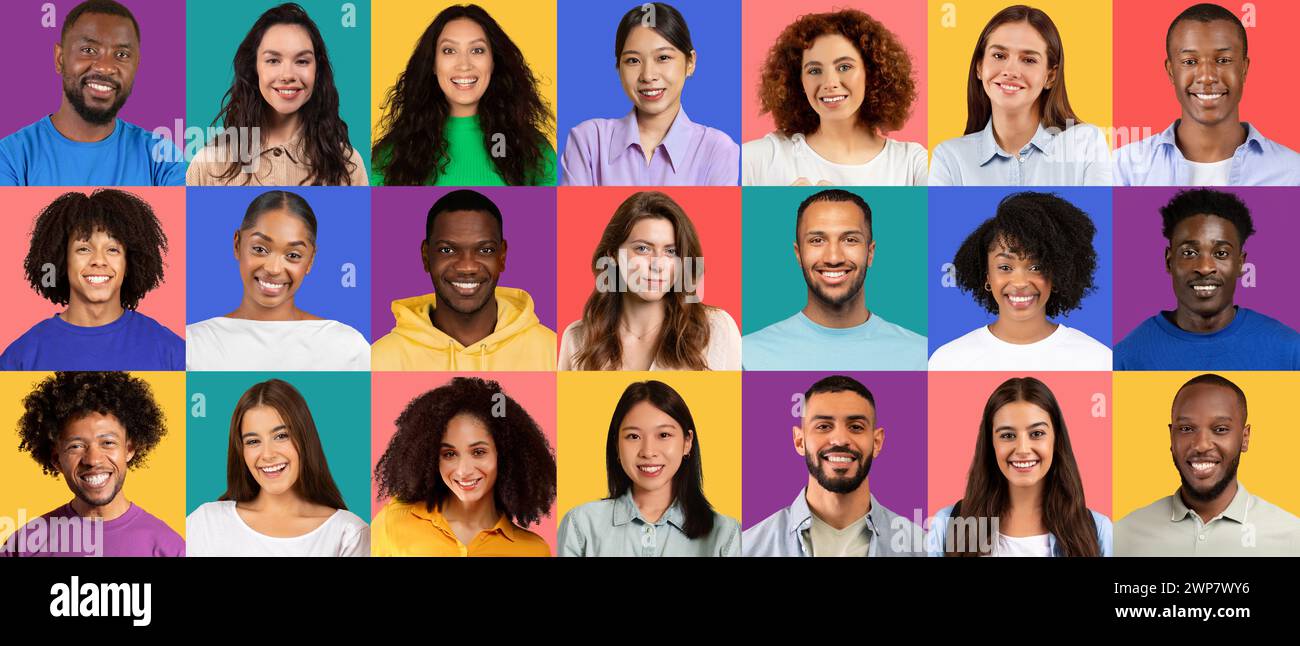 Una serie variegata di volti gioiosi, ogni persona sorride su uno sfondo colorato Foto Stock
